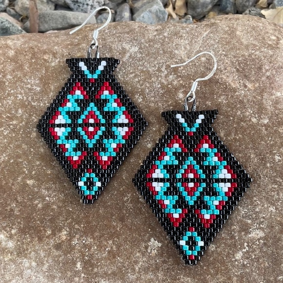 Southwest Diamond Beaded Earrings, New, Handmade by Me - Picture 6 of 9